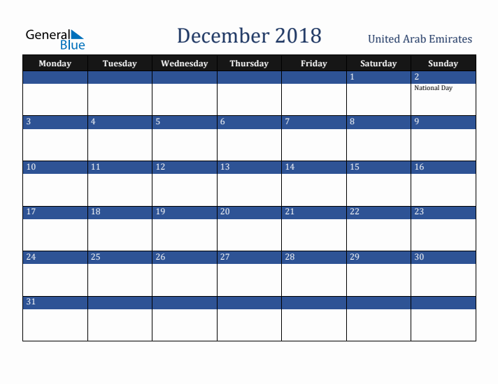 December 2018 United Arab Emirates Calendar (Monday Start)