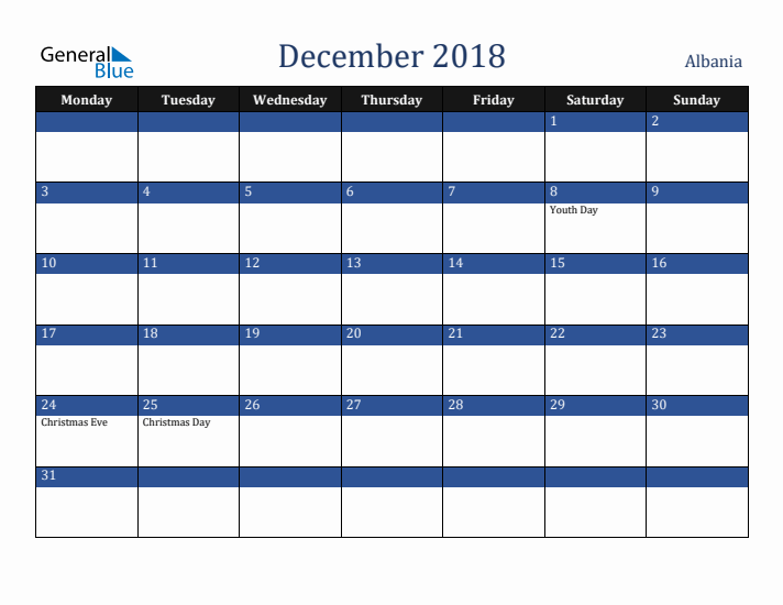 December 2018 Albania Calendar (Monday Start)