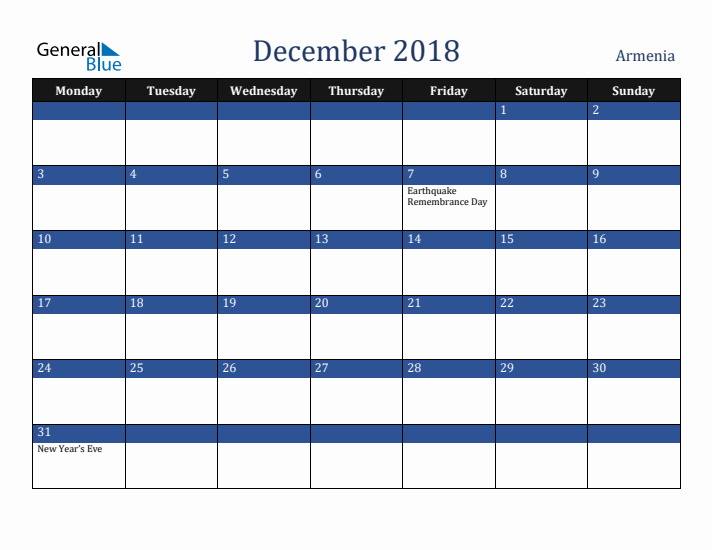 December 2018 Armenia Calendar (Monday Start)