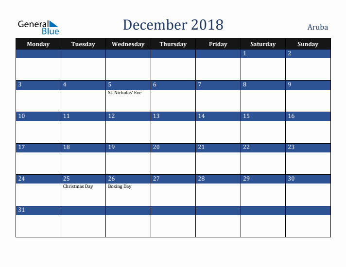 December 2018 Aruba Calendar (Monday Start)