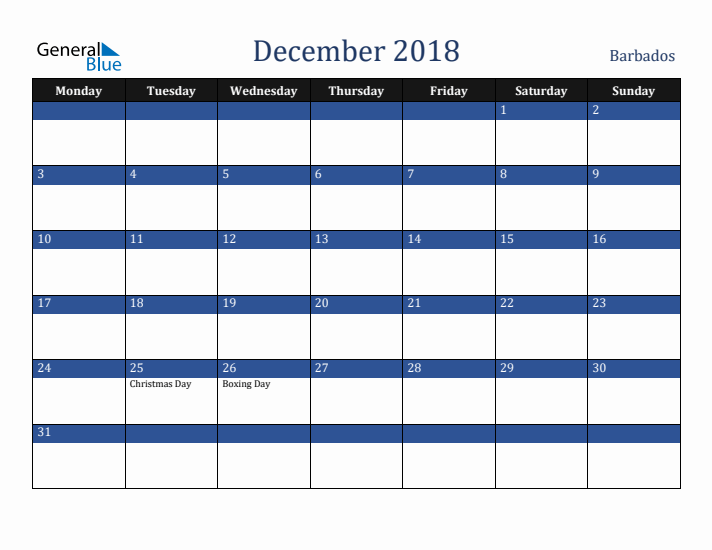 December 2018 Barbados Calendar (Monday Start)