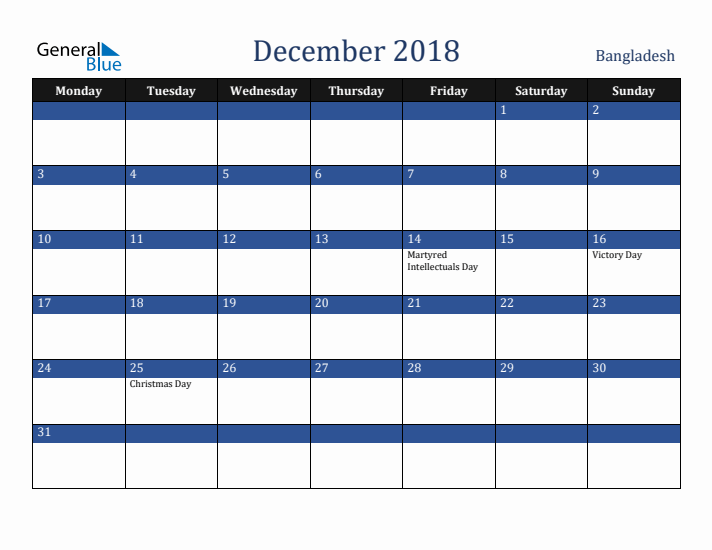 December 2018 Bangladesh Calendar (Monday Start)