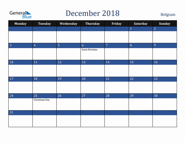 December 2018 Belgium Calendar (Monday Start)