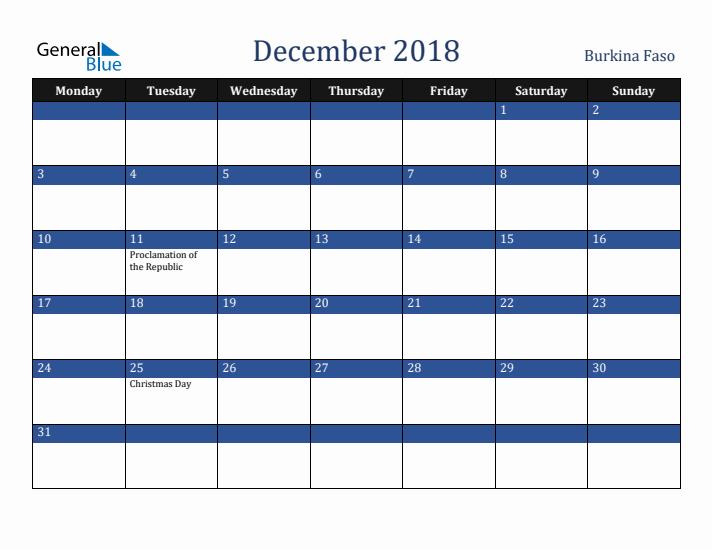 December 2018 Burkina Faso Calendar (Monday Start)