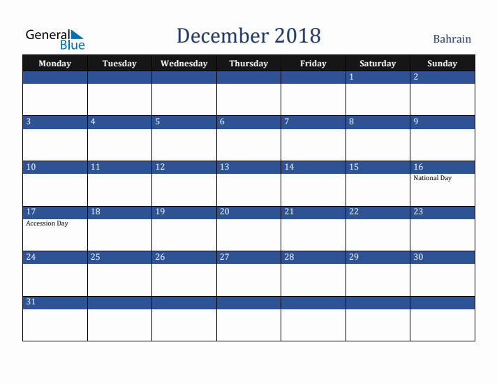 December 2018 Bahrain Calendar (Monday Start)