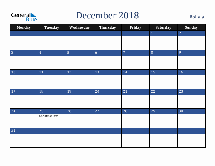 December 2018 Bolivia Calendar (Monday Start)