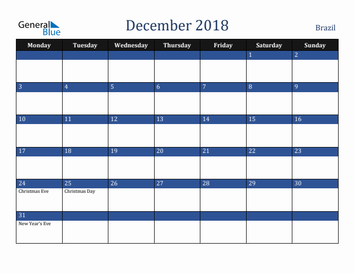 December 2018 Brazil Calendar (Monday Start)