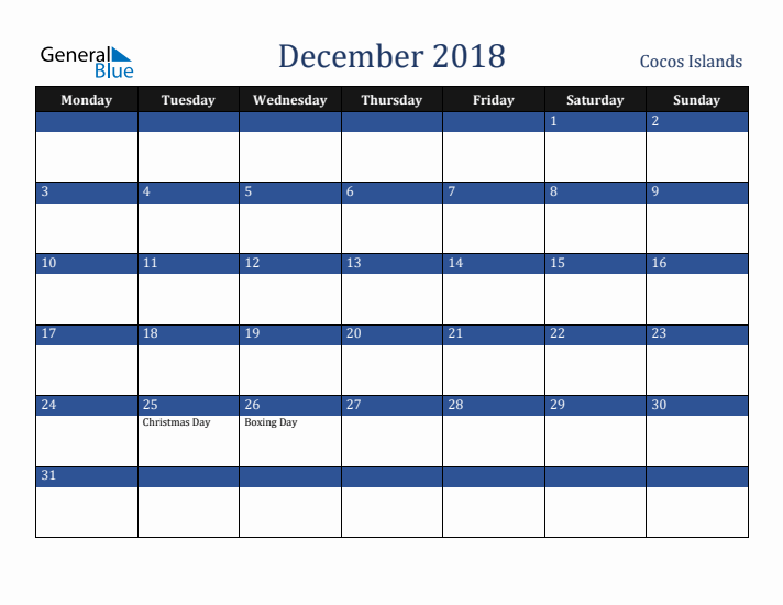 December 2018 Cocos Islands Calendar (Monday Start)