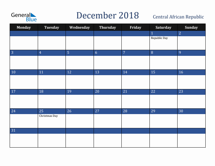 December 2018 Central African Republic Calendar (Monday Start)