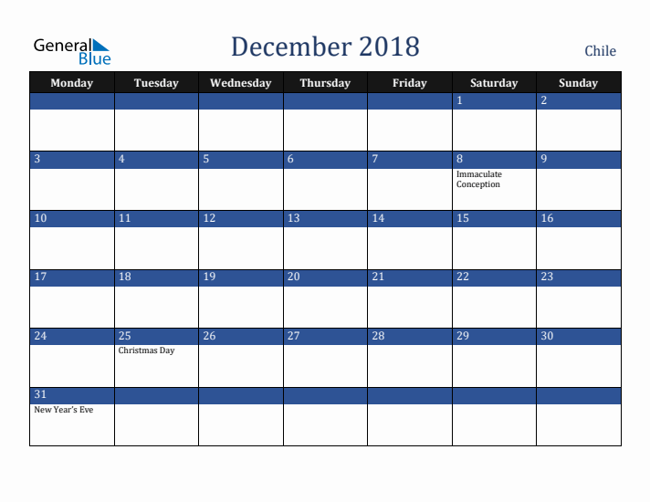 December 2018 Chile Calendar (Monday Start)