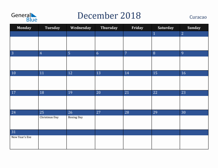 December 2018 Curacao Calendar (Monday Start)