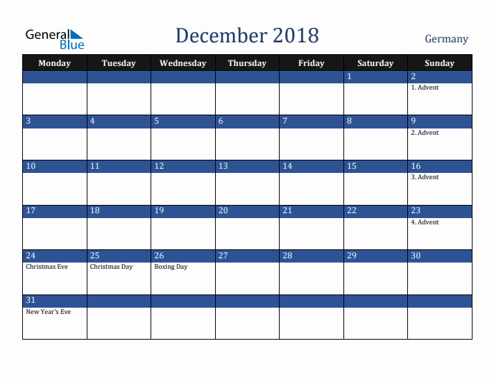 December 2018 Germany Calendar (Monday Start)