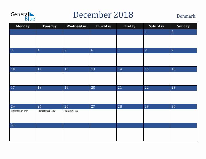 December 2018 Denmark Calendar (Monday Start)