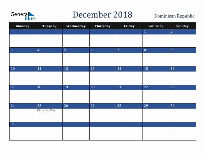 December 2018 Dominican Republic Calendar (Monday Start)