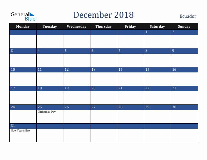 December 2018 Ecuador Calendar (Monday Start)