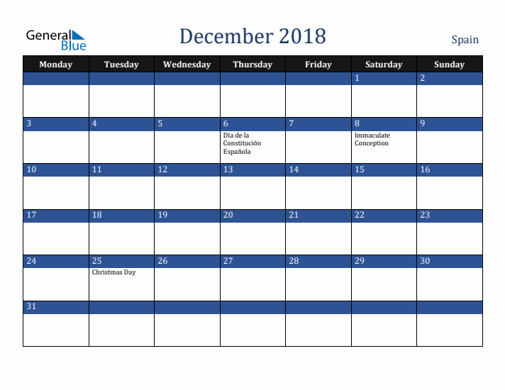 December 2018 Spain Calendar (Monday Start)