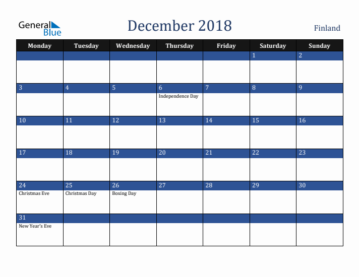 December 2018 Finland Calendar (Monday Start)