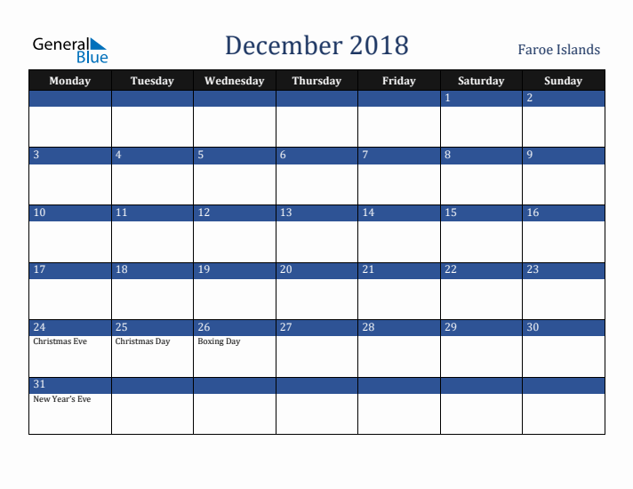 December 2018 Faroe Islands Calendar (Monday Start)