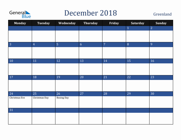 December 2018 Greenland Calendar (Monday Start)