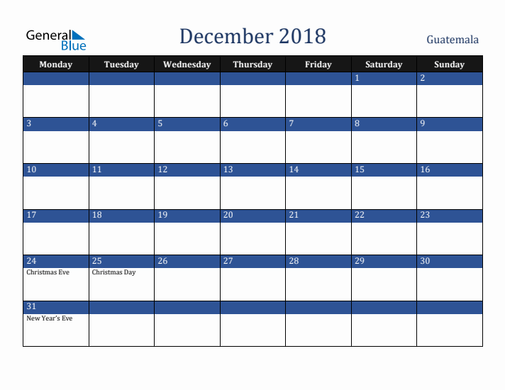 December 2018 Guatemala Calendar (Monday Start)