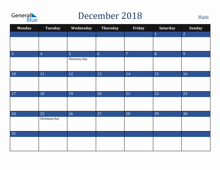December 2018 Haiti Calendar (Monday Start)