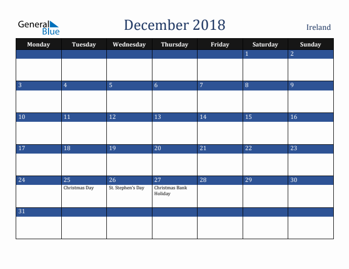 December 2018 Ireland Calendar (Monday Start)