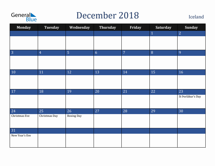 December 2018 Iceland Calendar (Monday Start)