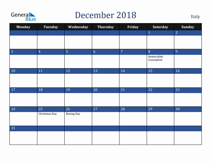 December 2018 Italy Calendar (Monday Start)