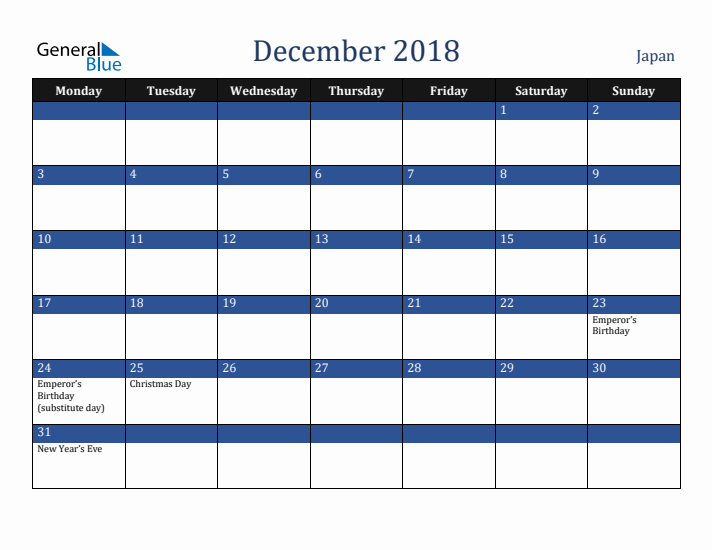 December 2018 Japan Calendar (Monday Start)