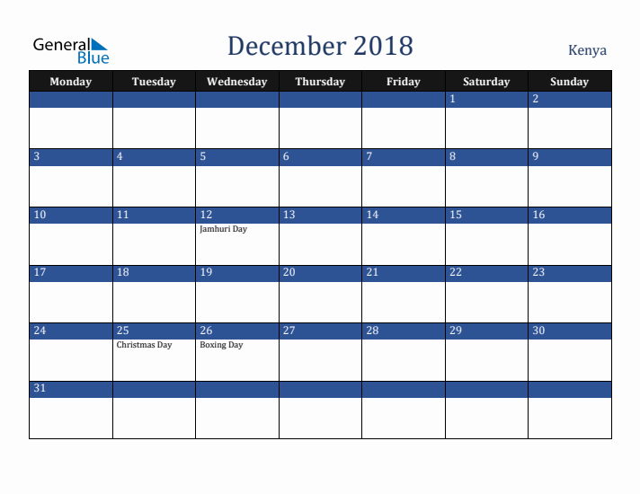 December 2018 Kenya Calendar (Monday Start)