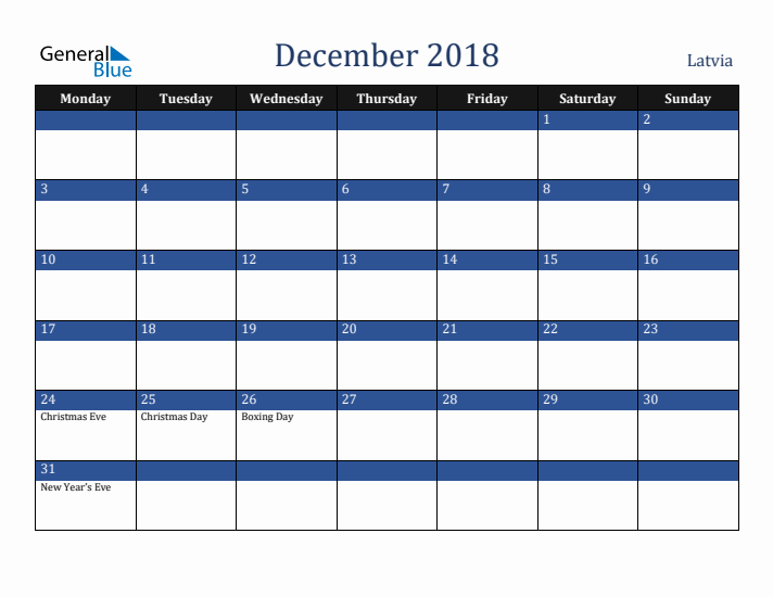 December 2018 Latvia Calendar (Monday Start)