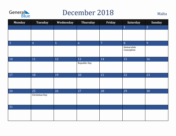December 2018 Malta Calendar (Monday Start)