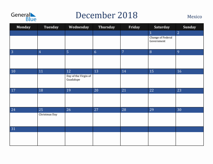 December 2018 Mexico Calendar (Monday Start)