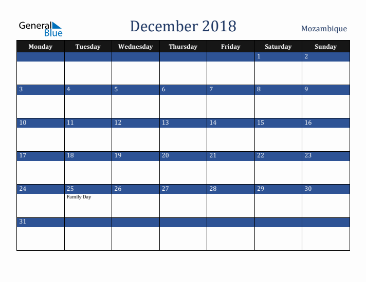 December 2018 Mozambique Calendar (Monday Start)