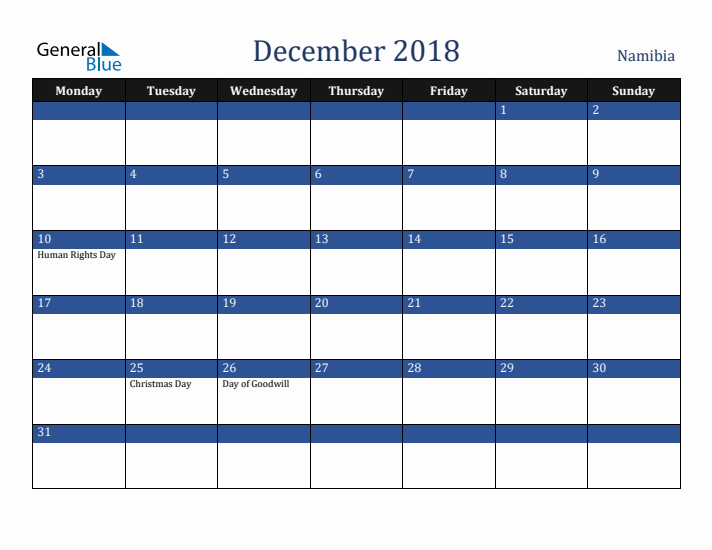 December 2018 Namibia Calendar (Monday Start)