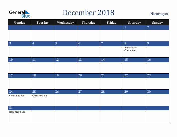 December 2018 Nicaragua Calendar (Monday Start)