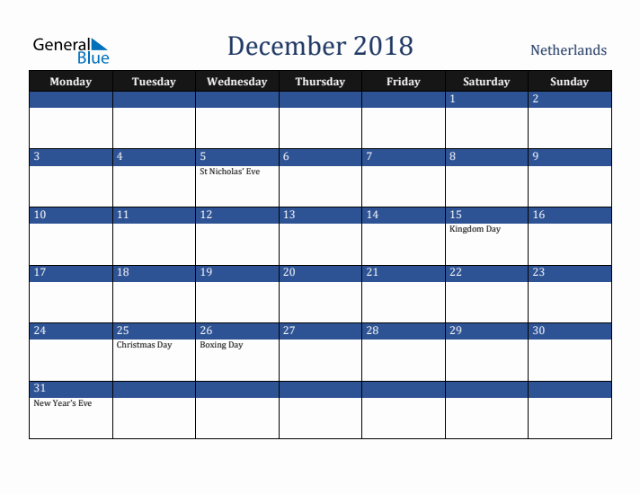 December 2018 The Netherlands Calendar (Monday Start)
