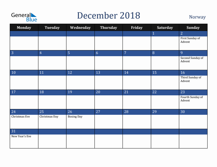 December 2018 Norway Calendar (Monday Start)