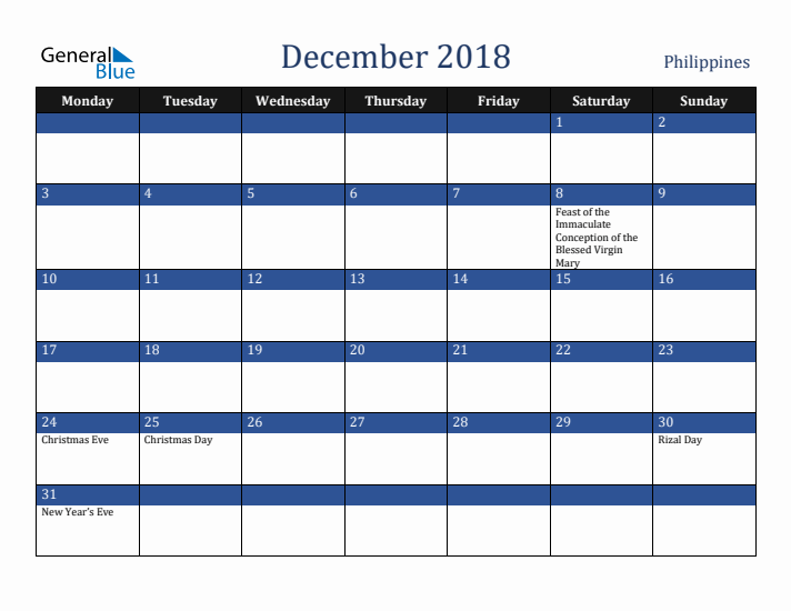 December 2018 Philippines Calendar (Monday Start)