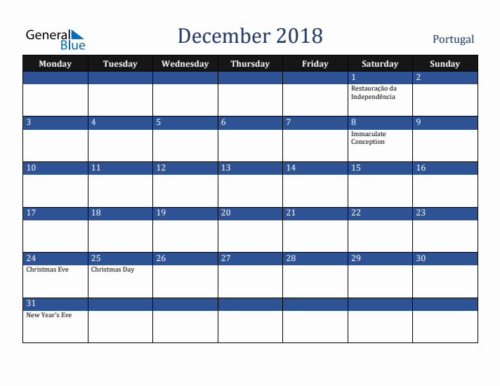 December 2018 Portugal Calendar (Monday Start)