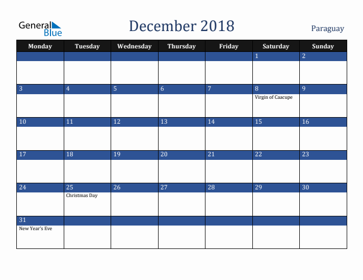 December 2018 Paraguay Calendar (Monday Start)