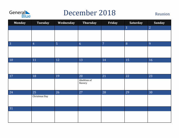 December 2018 Reunion Calendar (Monday Start)