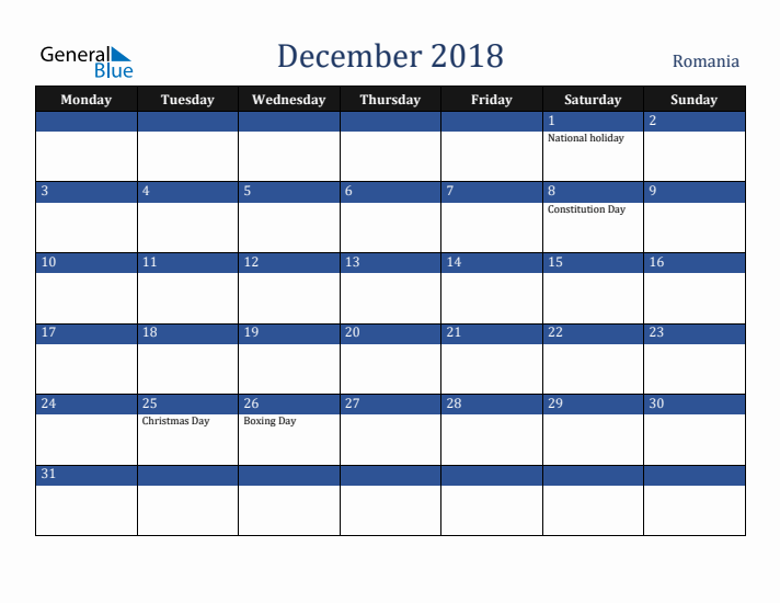 December 2018 Romania Calendar (Monday Start)