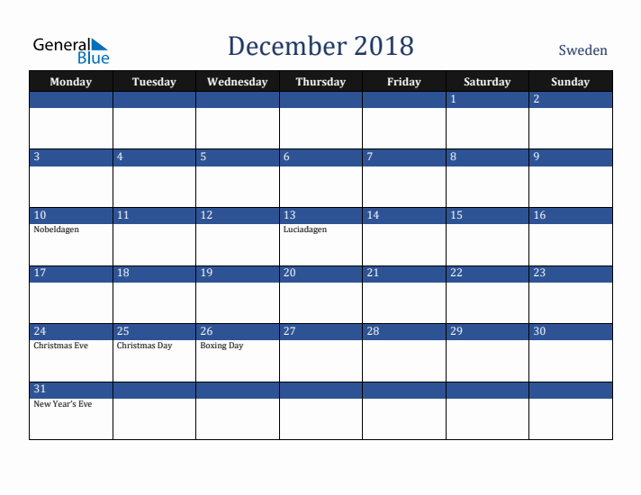 December 2018 Sweden Calendar (Monday Start)