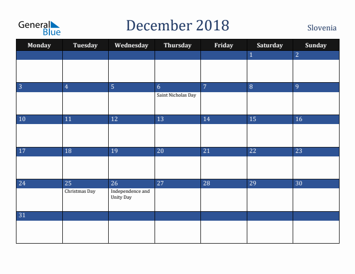 December 2018 Slovenia Calendar (Monday Start)