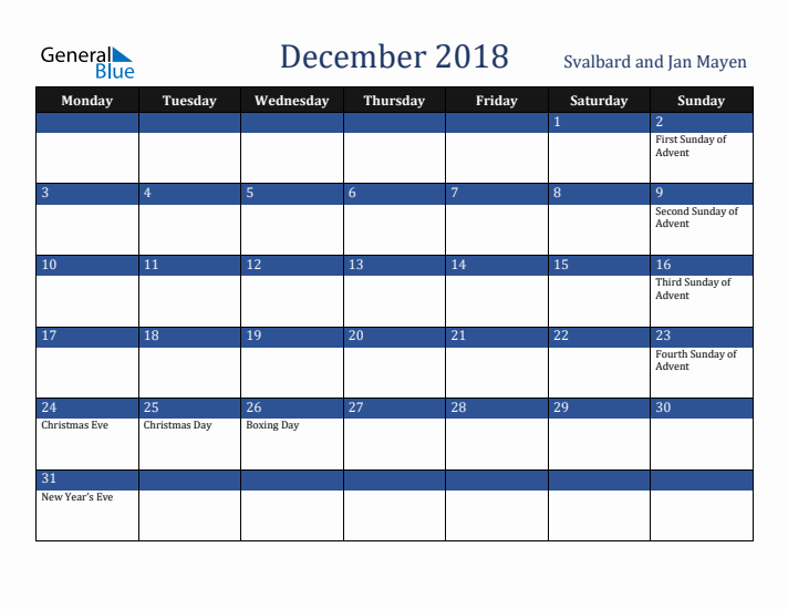 December 2018 Svalbard and Jan Mayen Calendar (Monday Start)