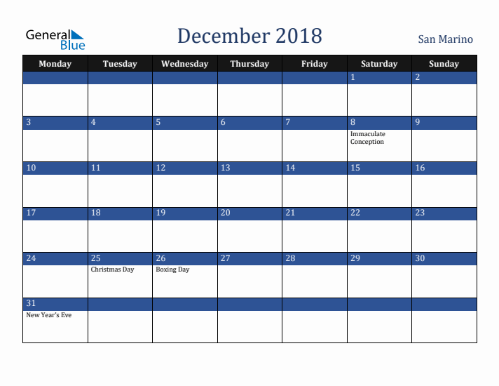 December 2018 San Marino Calendar (Monday Start)