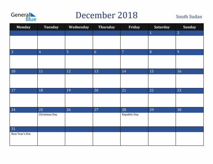 December 2018 South Sudan Calendar (Monday Start)