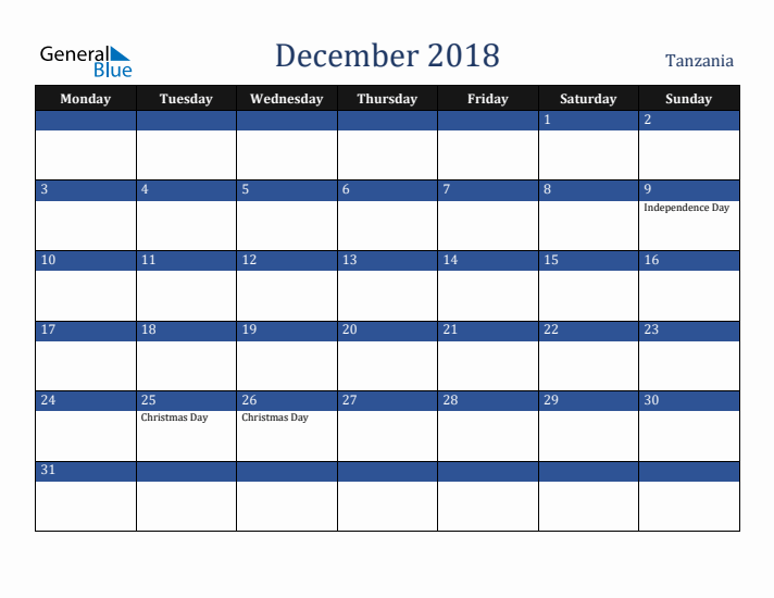 December 2018 Tanzania Calendar (Monday Start)