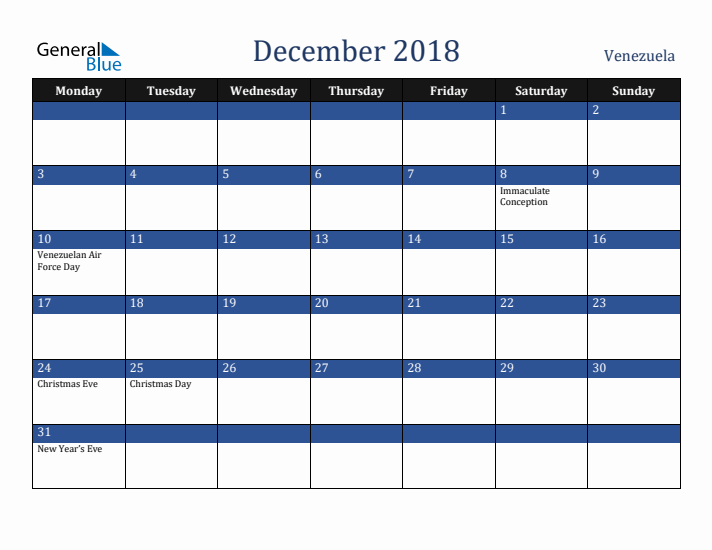 December 2018 Venezuela Calendar (Monday Start)